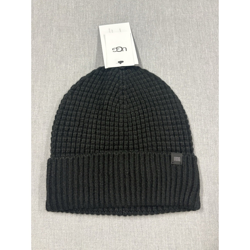 UGG Waffle Cuff Hat Beanie Knit One Size Black Wool Blend NWT NEW